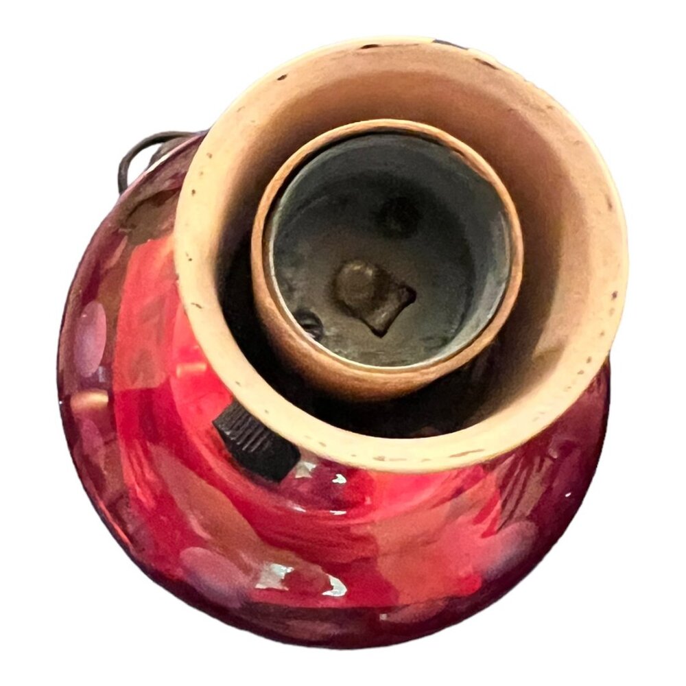 Vintage Red Glass Accent Table Lamp With White Floral Etching & Marble Base 9" T - Picture 9 of 11